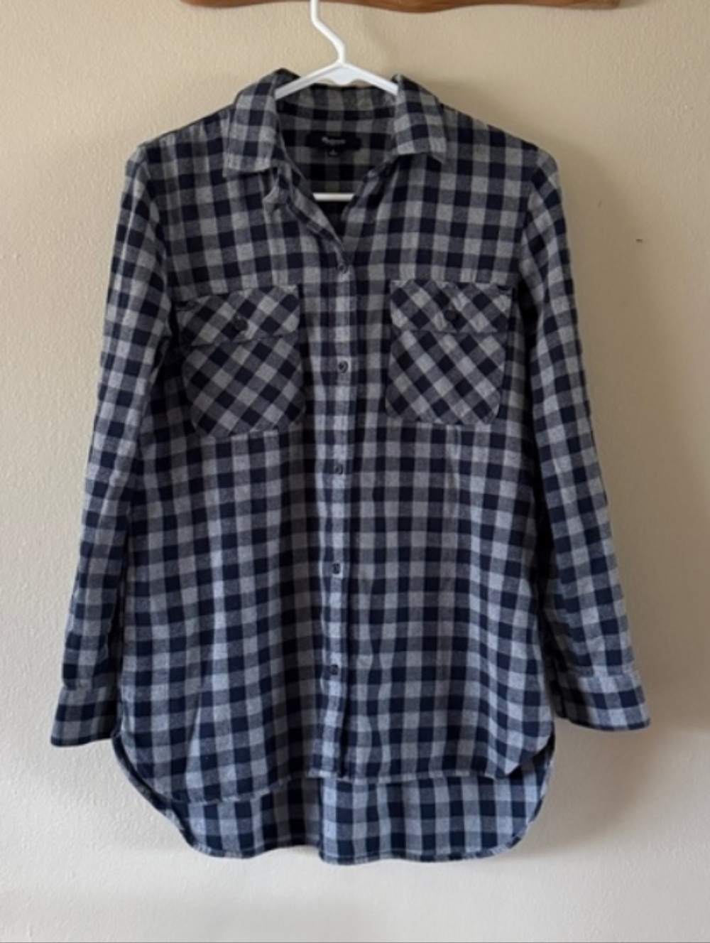 Madewell Womens Small Ex-boyfriend Shirt Navy Gray Checkered Gingham Long Sleeve